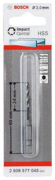 Skrutkovitý vrták HSS so šesťhrannou stopkou 2,0 mm 2 x 24 x 60 mm - 1