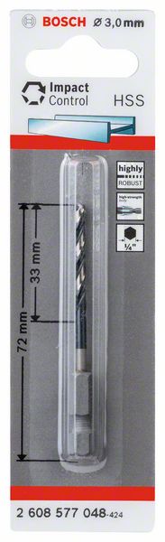 Skrutkovitý vrták HSS so šesťhrannou stopkou 3,0 mm 3 x 33 x 72 mm - 1