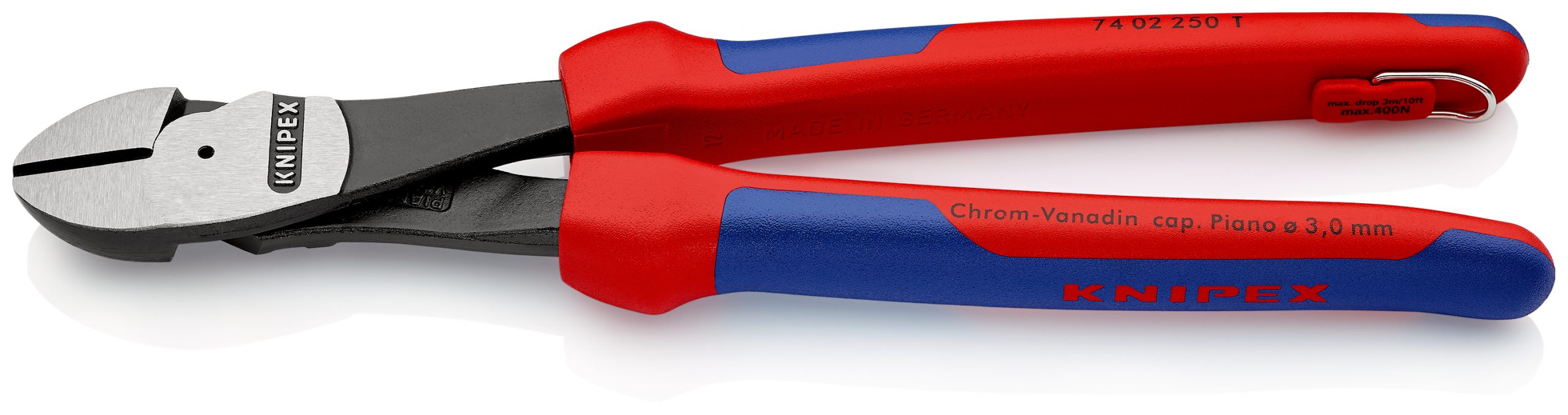 7402250T-00-1 KNIPEX 74 02 250 T BK Bočné cvikacie kliešte s veľkou pákovou silou s multi-komponentnými úchopmi, s integrovaným závesným okom na pripevnenie náradia čierne atramentované 250 mm (samoobslužná karta/blister) - 1