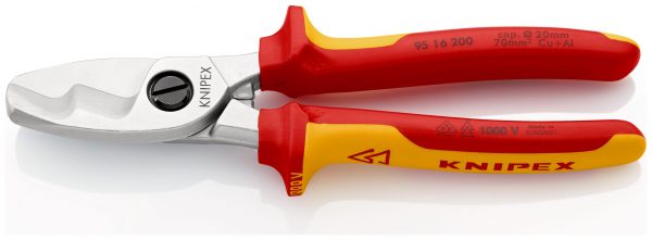 KNIPEX 95 16 200 Nožnice na káble s dvojitou reznou hranou izolované s multi-komponentnými rukoväťami, VDE testované pochrómované 200 mm - 1
